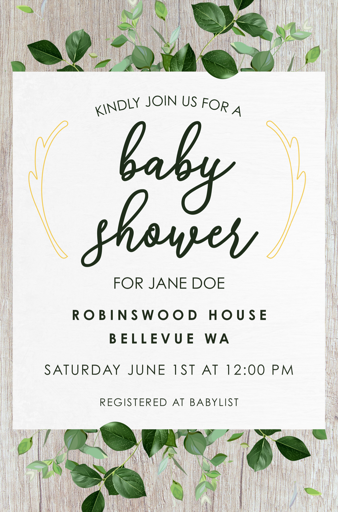 Gold & Greenery Baby Shower Invitation